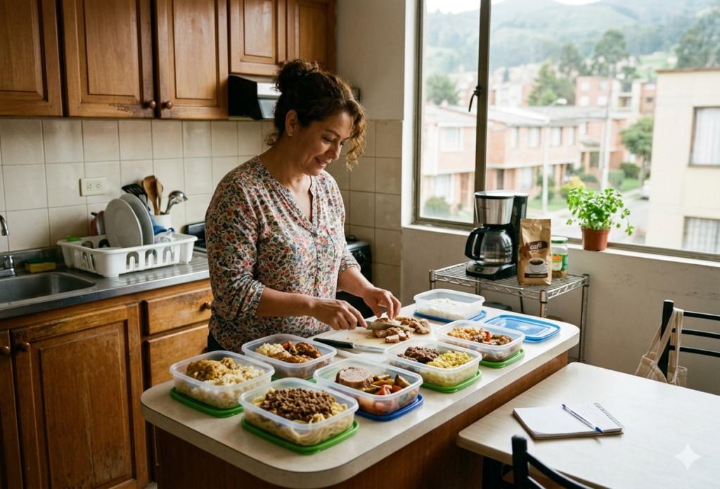 Almuerzos caseros rápidos para trabajar sin depender de la improvisación en un hogar colombiano, con cocina o comedor sencillo y luz natural