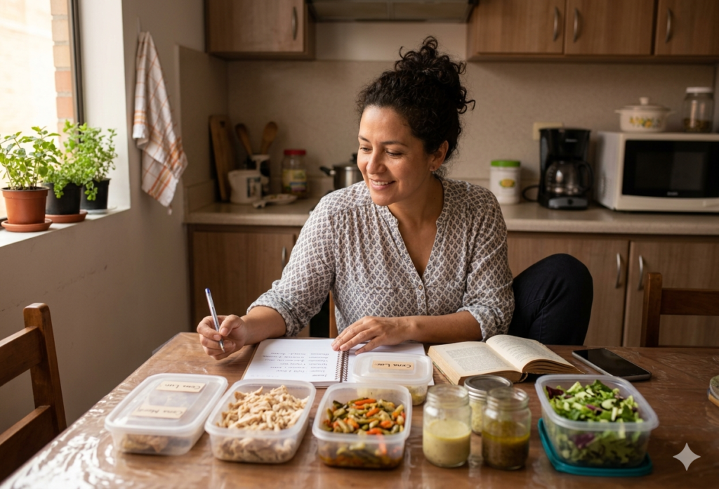 Rutina de compras básica para gastar mejor y comer con más orden en un hogar colombiano, con cocina o comedor sencillo y luz natural