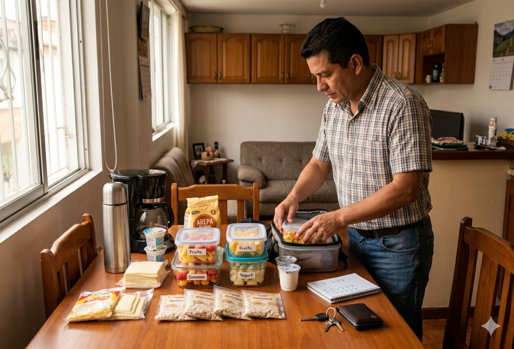 Desayunos sencillos cuando no hay tiempo y la mañana va apretada en un hogar colombiano, con cocina o comedor sencillo y luz natural