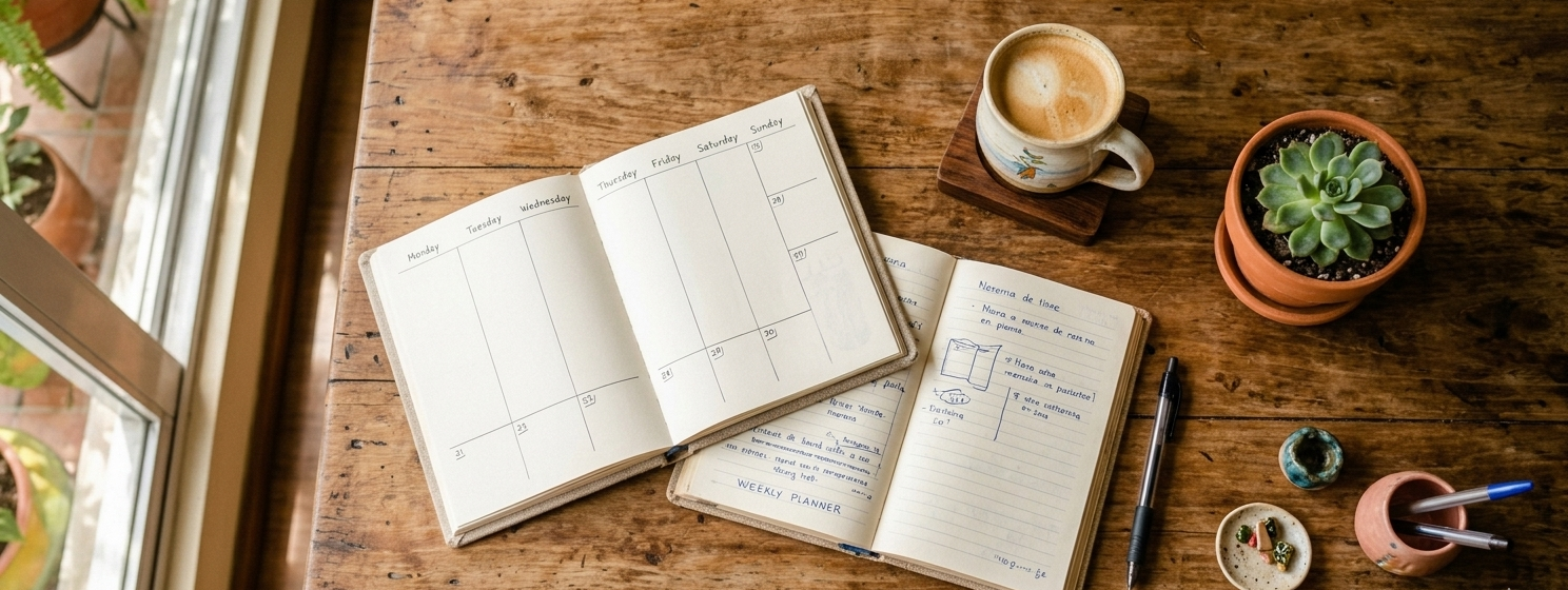 Una vista cenital de un escritorio de madera rústica donde se encuentran un planificador semanal abierto y un cuaderno de notas. El planificador muestra las columnas de los días de la semana y algunas notas escritas a mano. A su lado, hay una taza de café con leche sobre un posavasos de madera, una planta suculenta en una maceta de terracota, un bolígrafo y un pequeño soporte con bolígrafos adicionales. En primer plano, se ve un pequeño plato con piedras. La luz natural ilumina la escena desde la izquierda, revelando la veta de la madera y las plantas que hay en el alféizar de la ventana. La composición es ordenada y acogedora.
