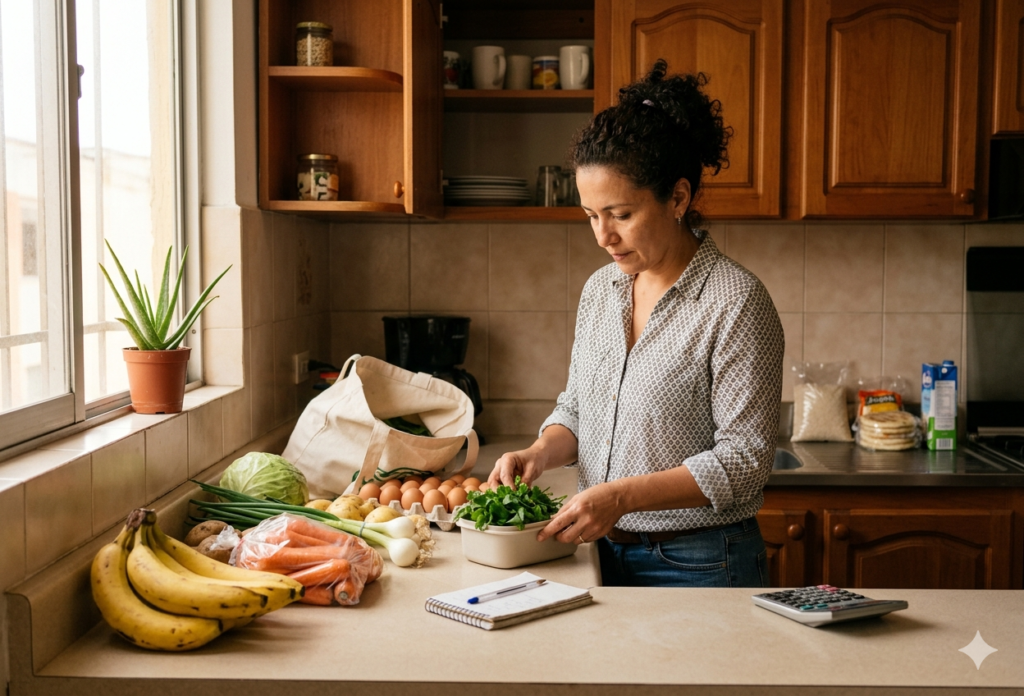 Rutina de compras básica para gastar mejor y comer con más orden en un hogar colombiano, con cocina o comedor sencillo y luz natural