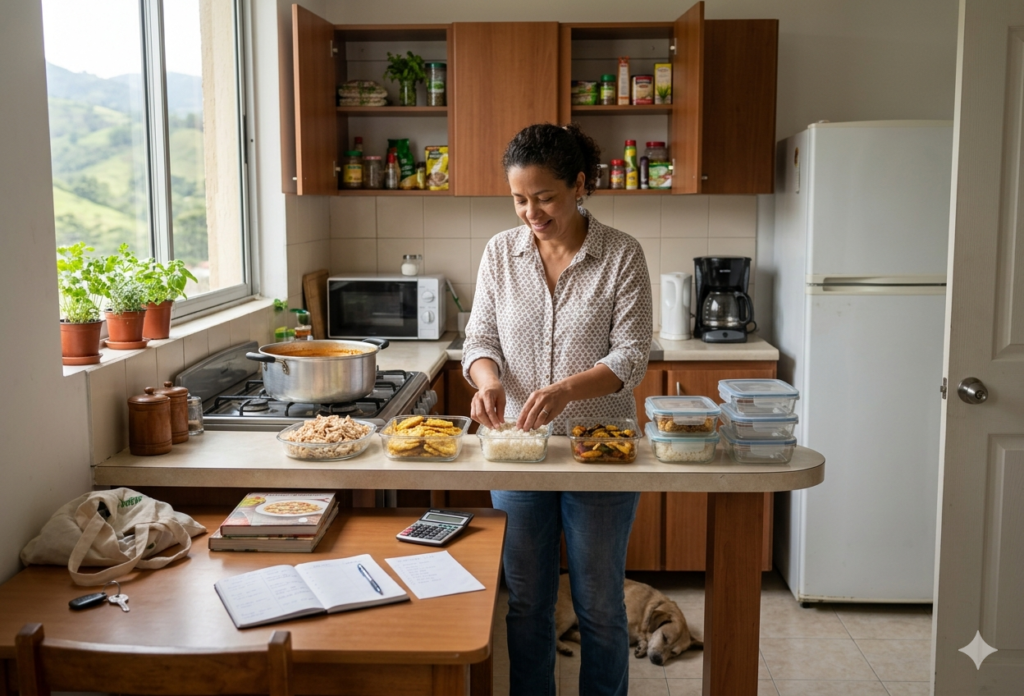 Cómo organizar comidas semanales sin complicaciones en una casa ocupada en un hogar colombiano, con cocina o comedor sencillo y luz natural